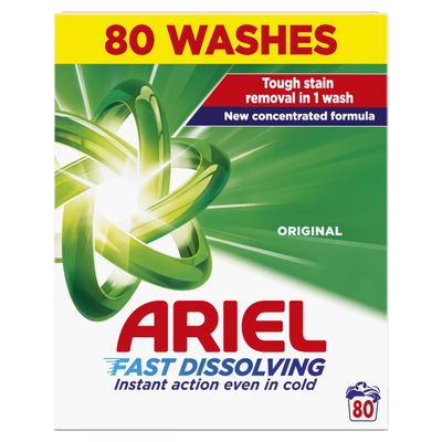 Ariel Fast Dissolving Washing Powder Laundry Detergent 4kg, 80 Washes, Original, Tough Stain Removal in 1 Wash, Instant Action Even in Cold