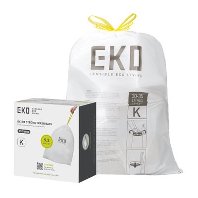 EKO 9.3 Gallon / 3035 Liter Drawstring Trash Bags, 110 Count Heavy-Duty Tall Kitchen Garbage Can Liners, Extra-Strong Leak-Resistant, Unscented, White, Code K