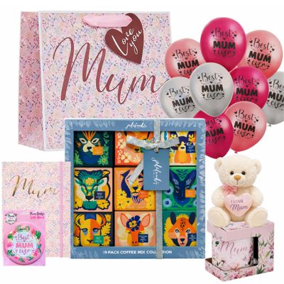 Mum Gifts for Birthday or Mothers Day with 9pk Coffee Gift Set with Mug, Mom Teddy, Best Mum Ever Badge & Balloon & Note Book Valentine or New Mum Gift Set