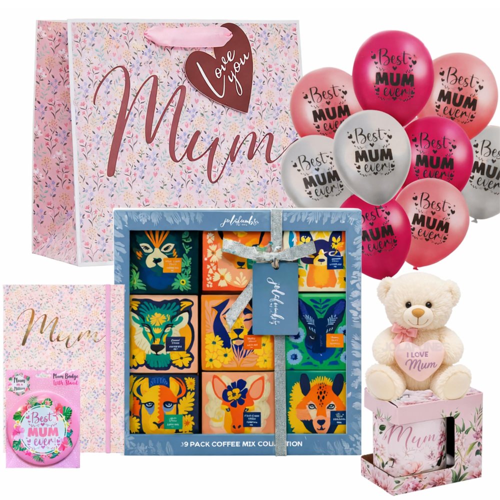 Mum Gifts for Birthday or Mothers Day with 9pk Coffee Gift Set with Mug, Mom Teddy, Best Mum Ever Badge & Balloon & Note Book Valentine or New Mum Gift Set