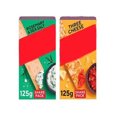 Rosemary & Sea Salt Flatbread Crackers with Three Cheese Flatbread Crackers, 125g Each, Suitable for Vegetarians, Pack of 2
