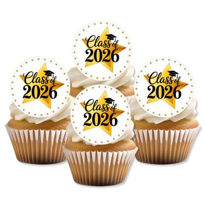 Class of 2026 Graduation Edible Cupcake Toppers PRECUT Gold Star Graduation Cake Decorations