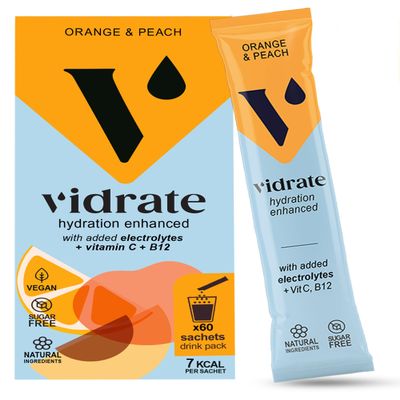 Vidrate Electrolytes Powder Hydration Sachets - Low-Calorie Hydration Powder Packs with Vitamins & Zero Sugar - No Artificial Sweeteners or Preservatives - 60 Orange & Peach Electrolytes Sachets
