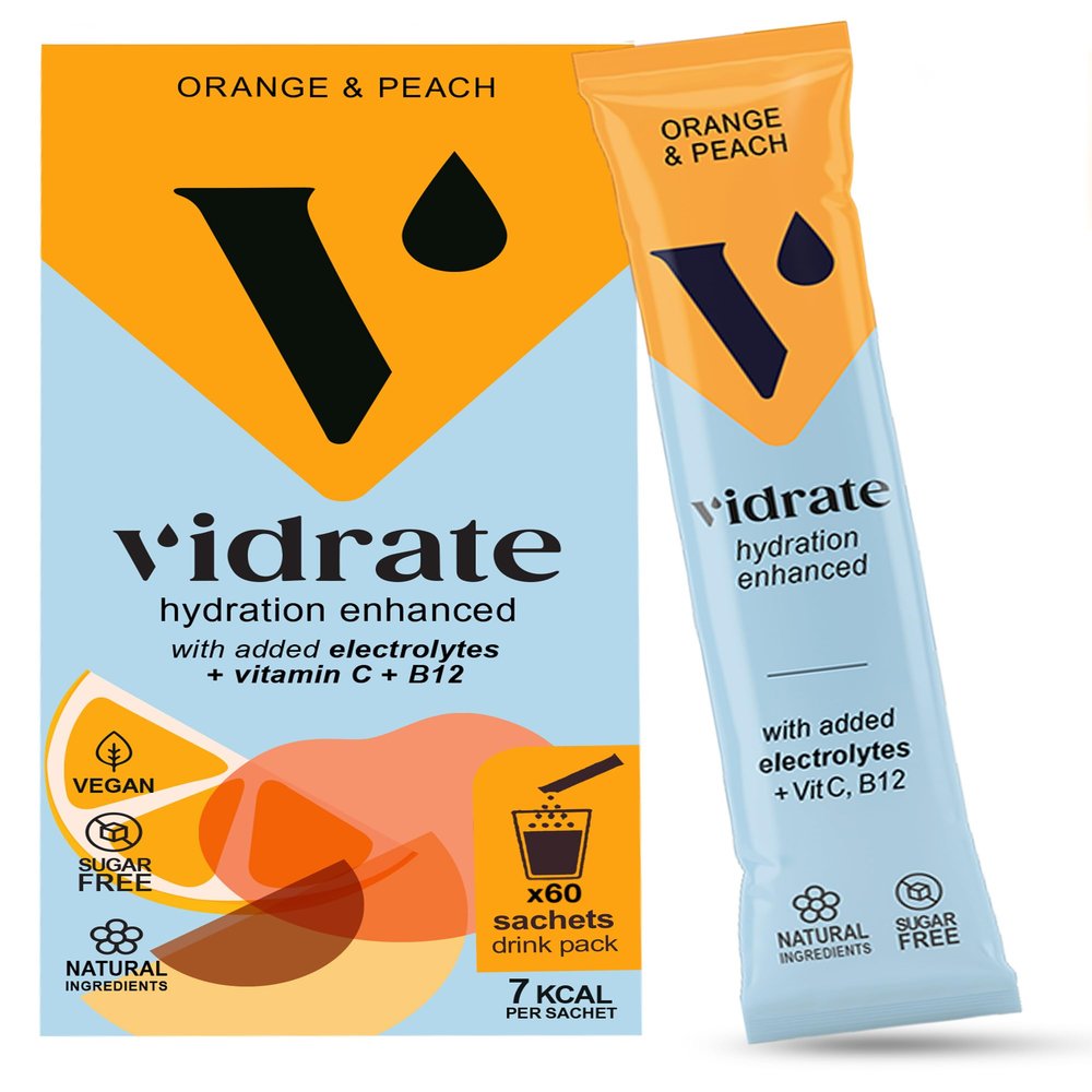 Vidrate Electrolytes Powder Hydration Sachets - Low-Calorie Hydration Powder Packs with Vitamins & Zero Sugar - No Artificial Sweeteners or Preservatives - 60 Orange & Peach Electrolytes Sachets