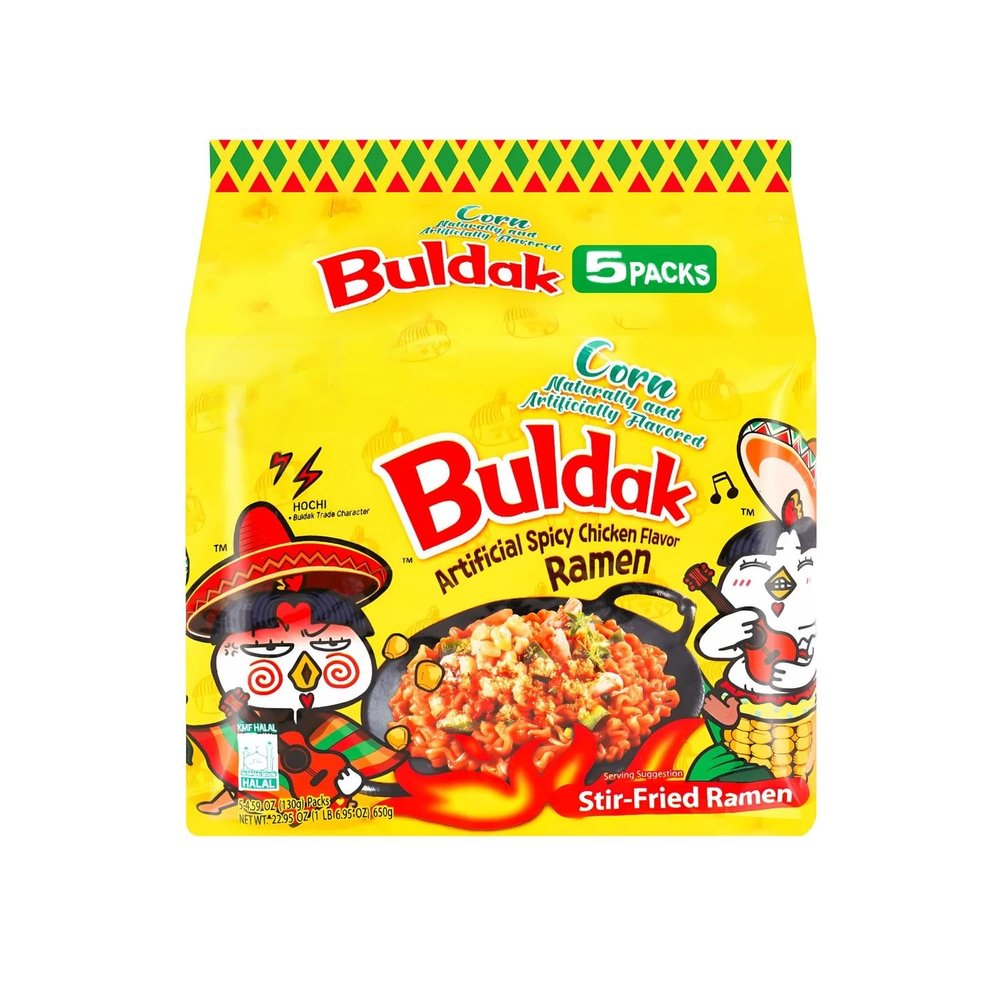 Corn Flavour Buldakk Halal Ramen Korean Hot Instant Noodles Multipack, Fiery Chicken corn Flavour 5 x 140g Packs