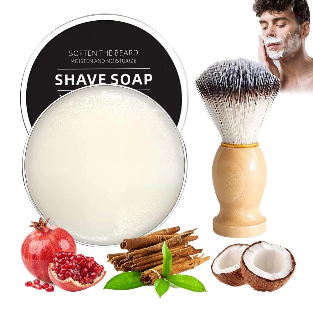 Shaving Soap for Men with Coconut Oil - Rich Lather Cream Bar, Dense Foam Kit with Brush - Travel Friendly Men's for Smoothest Shave.