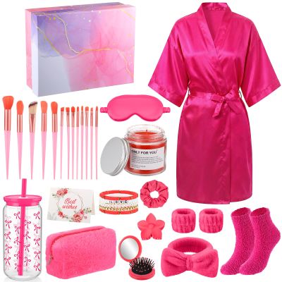 Shyyween 15 Pcs Birthday Gifts for Women Robe Sets for Women Spa Basket Set Graduation Gifts Bath Robe Make up Brushes Scented Candle Fluffy Socks Coffee Cup for Mom Nurse Girlfriend Wife(Rose Red)
