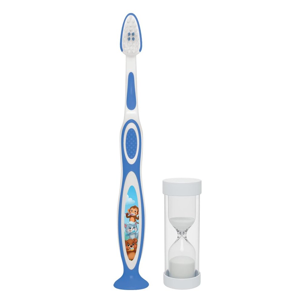 PLIC Children's Toothbrush 3-5 Years with 2 Minutes Hourglass Learning Oral Hygiene Soft Bristles Ergonomic Handle Suitable for Children (Blue)