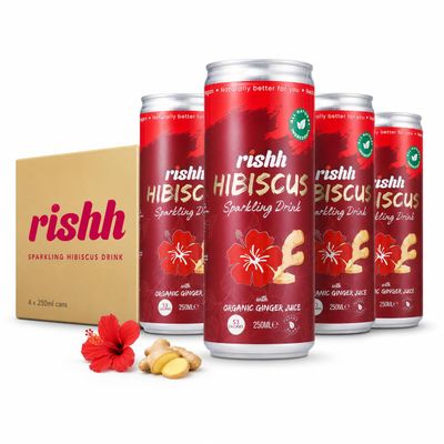 Rishh Hibiscus Sparkling Drink - 4 x 250ml Cans - Natural soda with with real ginger juice, Vegan, Botanical soft drink alternative (Ginger)