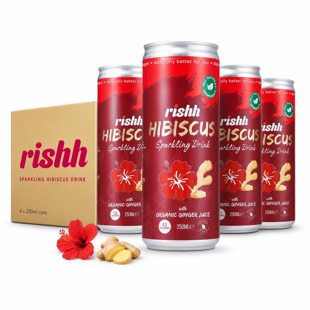 Rishh Hibiscus Sparkling Drink - 4 x 250ml Cans - Natural soda with with real ginger juice, Vegan, Botanical soft drink alternative (Ginger)