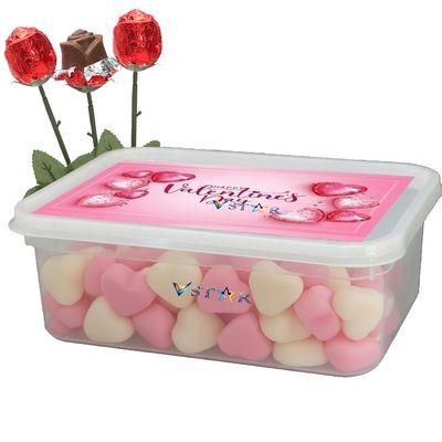 Valentines Day Variety Sweet, Mallow & Chocolate 1kg Tub with 3 Chocolate Roses Assorted Candy, Marshmallows & Chocolates Gift Box for Her, Him or Couples (Jelly Love Hearts)