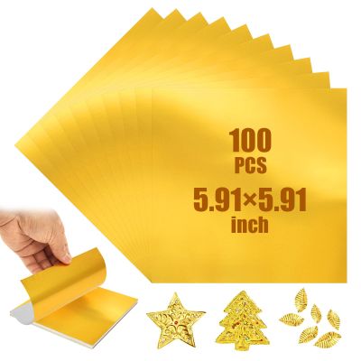 100 Sheets Heavy Duty Aluminum Foil Sheet, 6 Inch Gold Flashing Square Tin Foil Engraving Tinfoil for Painting Engraving Embossing