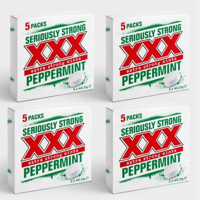 4 x 5 Pack XXX Seriously Extra Strong Peppermints, Each Roll 40.5 g (Total 810g - 20 Rolls), Long-Lasting Fresh Breath