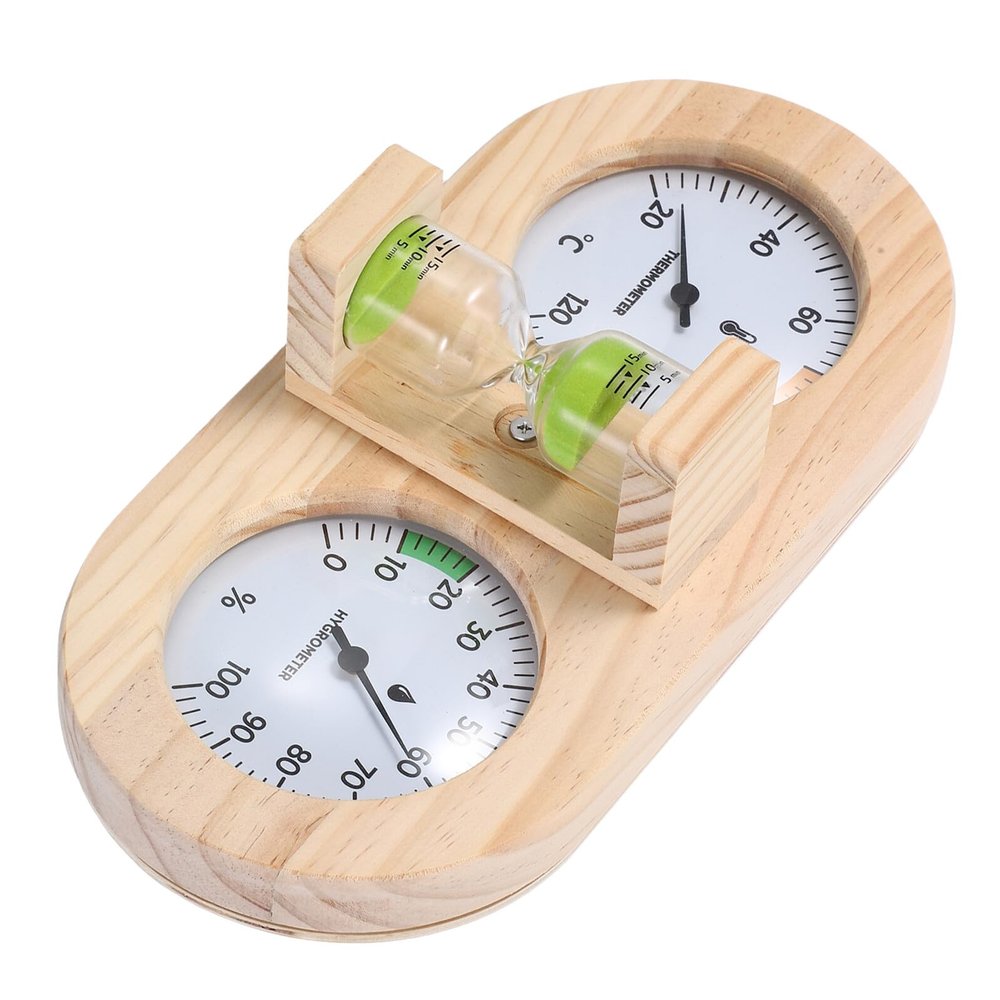FUTUREORYY Wood Sauna Analog Hygrometer Thermometer with 15-minute Green Sand Timer Dual Dial for Indoor Spa Bathroom Sauna Accessories
