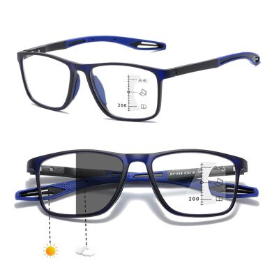 3-in-1 Progressive Multifocal Reading Glasses Photochromic & Anti-Blue Light Lenses,UV400 Protection, TR90 Flexible Frame, All-in-One Readers for Distance, Computer & Reading (Black/Blue,3.5 x)