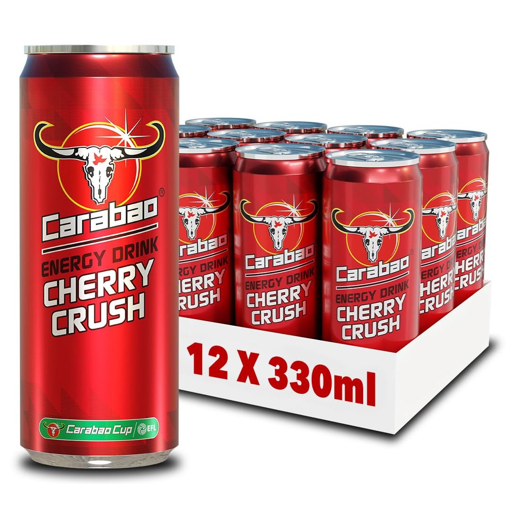Carabao Energy Drink Cherry Crush 12 x 330ml Cans Case Low Calorie, Lower Sugar, Fizzy Fruit Flavour, Vegan, Gluten Free, with B Vitamins, Taurine, Caffeine, Zero Crash