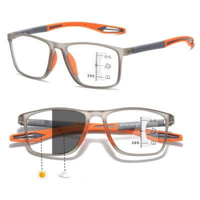 3-in-1 Progressive Multifocal Reading Glasses Photochromic & Anti-Blue Light Lenses,UV400 Protection, TR90 Flexible Frame, All-in-One Readers for Distance, Computer & Reading (Grey/Orange,3.0 x)