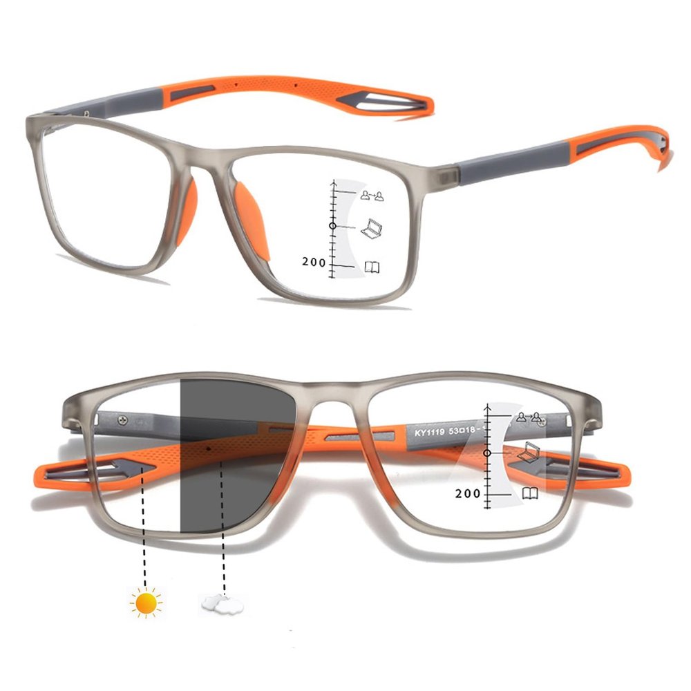 3-in-1 Progressive Multifocal Reading Glasses Photochromic & Anti-Blue Light Lenses,UV400 Protection, TR90 Flexible Frame, All-in-One Readers for Distance, Computer & Reading (Grey/Orange,3.0 x)