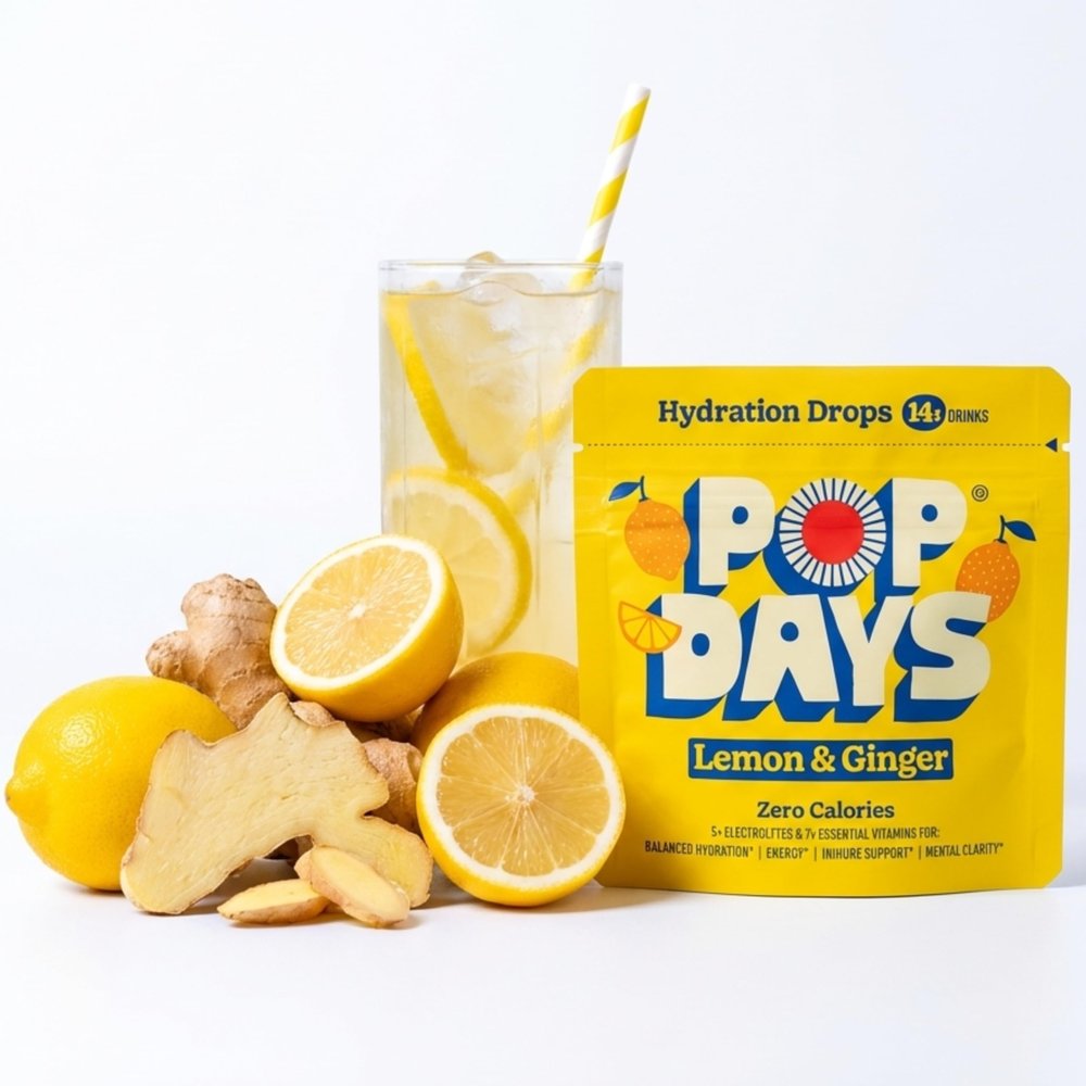 POPDAYS hydration tablets Lemon & Ginger Water Flavouring 14 Effervescent Electrolyte Tablets. With Vitamins B, C & D Zero Sugar & Zero Calories With Magnesium, Calcium & Zinc (Lemon & Ginger)