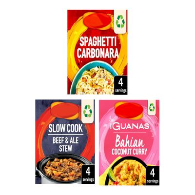 Recipe Mix Variety Pack, Spaghetti Carbonara, Slow Cook Beef & Ale Stew, Bahian Coconut Curry, Suitable for Vegetarians, Pack of 3