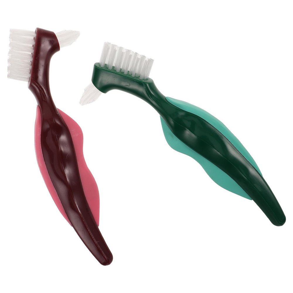 Ciieeo 2pcs Double-Ended Hard Bristle Denture Cleaning Brush Set for Elderly, False Teeth Care Tool with Red Green Handles, Oral Appliance Cleaner for Dental Device Maintenance
