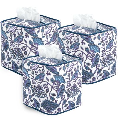 3Pcs Hand Block Printed Cotton Tissue Box Cover 5" x 5" x 5.5" Square Soft Reusable Floral Napkin Holder for Home Kitchen Dining Bathroom Office Cafe (Boho-Blue)