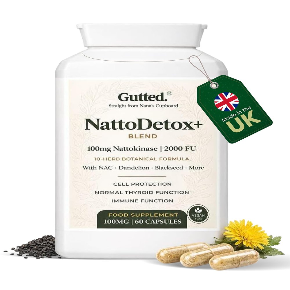 Gutted Nattokinase 100mg 2000 FU |High Strength, 60 Capsules,Enzymes | Heart, Blood Pressure & Circulation Support | Vitamin D, Black Seed, Selenium & Dandelion | Non GMO, No Fillers | UK