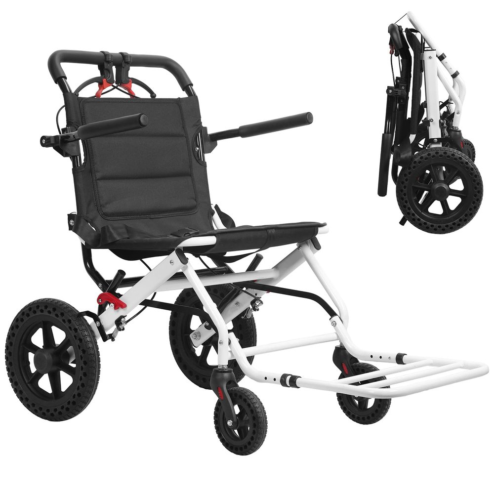 14lbs Ultra-Light Portable Folding Transport Wheelchair, 20" Wide Seat Wheelchair for Adults Seniors with Telescopic Handle & 12" PU Wheels, 120kg Capacity, No Assembly White L