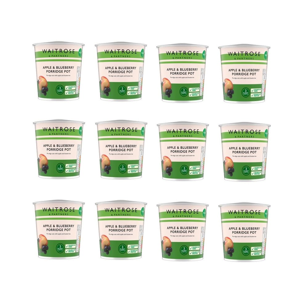 Waitrose Porridge Pots Original, Golden Syrup & Apple & Blueberry, Ready-to-Eat Oat Breakfast, Multiple Pack Sizes (Pack of 12, Apple & Blueberry Porridge Pot 57g)