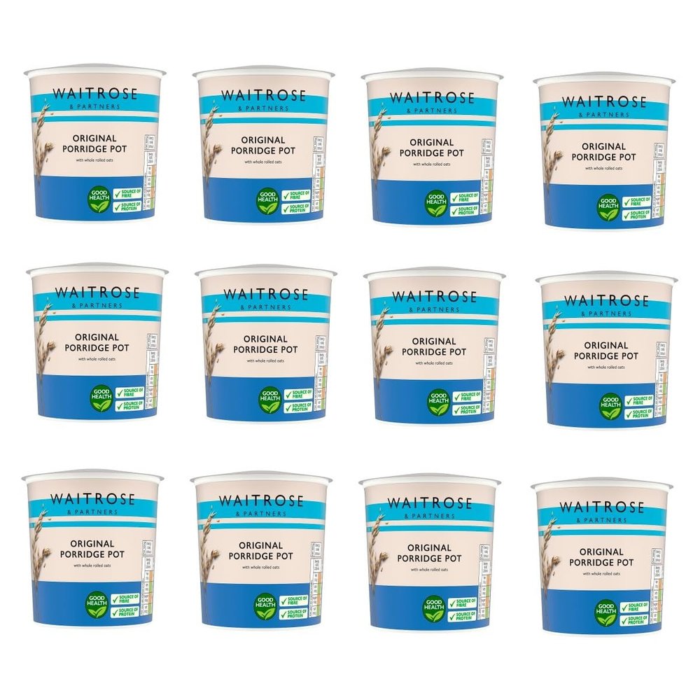 Waitrose Porridge Pots Original, Golden Syrup & Apple & Blueberry, Ready-to-Eat Oat Breakfast, Multiple Pack Sizes (Pack of 12, Original Porridge Pot 60g)