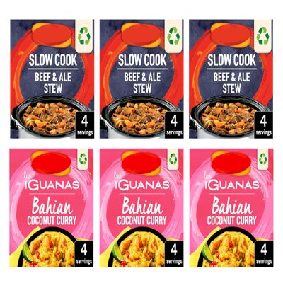 Las Iguanas Recipe Mix, Slow Cook Beef & Ale Stew and Bahian Coconut Curry, 4 Servings Each, Pack of 6