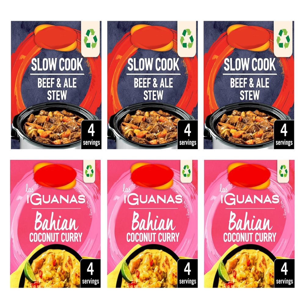 Las Iguanas Recipe Mix, Slow Cook Beef & Ale Stew and Bahian Coconut Curry, 4 Servings Each, Pack of 6