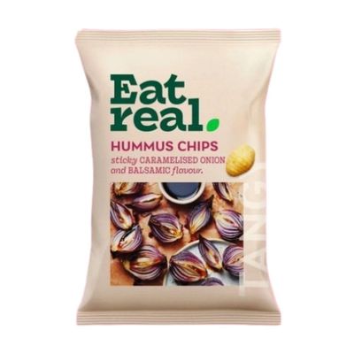 Eat Real Hummus Chips Sticky Caramelised Onion and Balsamic Vinegar Flavour 110g x 1 - Plant-based Gluten Free Crisps, Vegan Snack with Welari Thank You Card | (1 Pack)