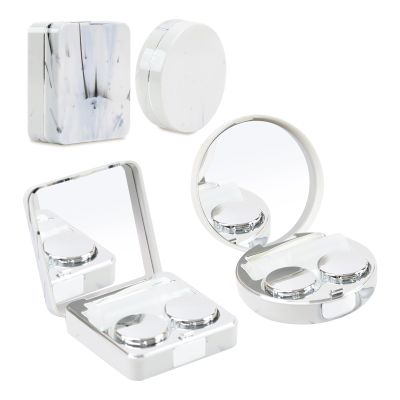 FlyingMage 2 Pack Contact Lens Case, Portable Eye Contacts Colored Lenses Applicator Remover Tool Kit with Mirror Solution Bottle for Daily Makeup Office Travel Outdoor (Silver Marble)