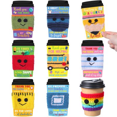 Potchen 9 Sets Teacher Appreciation Gifts Crochet Coffee Mug Cozy Teacher Gifts Bulk Holiday Cup Sleeves with Thank You Cards for School Office Back to School Graduation Party Favors Goodie Bag Filler