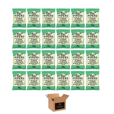 Pipers Flavoured Crisps Minibags Hand Cooked British Potato Crisps | Vegetarian Gourmet Snack, Luxury Savoury Crisps for Lunchboxes - (Burrow Hill Cider Vinegar & Sea Salt - 24pack x 40g)