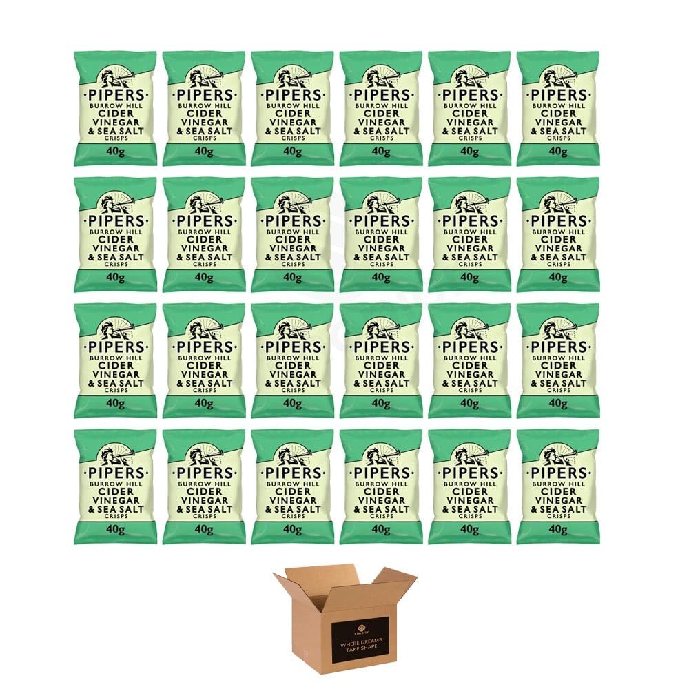 Pipers Flavoured Crisps Minibags Hand Cooked British Potato Crisps | Vegetarian Gourmet Snack, Luxury Savoury Crisps for Lunchboxes - (Burrow Hill Cider Vinegar & Sea Salt - 24pack x 40g)
