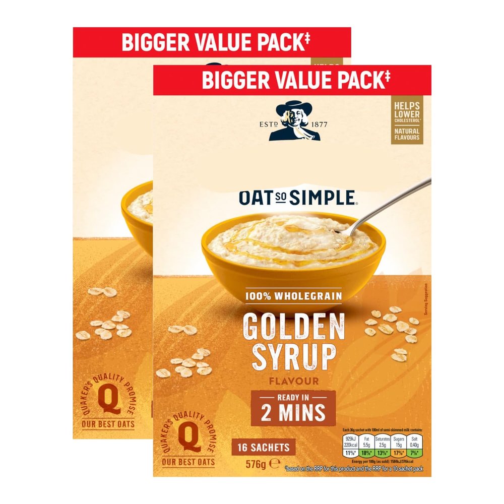 Oat So Simple 16pk 576g x Pack of 2 - Golden Syrup - Delicious, Creamy Porridge - Ready in Just 2 Mins - 100% Wholegrain - Helps Lower Cholesterol