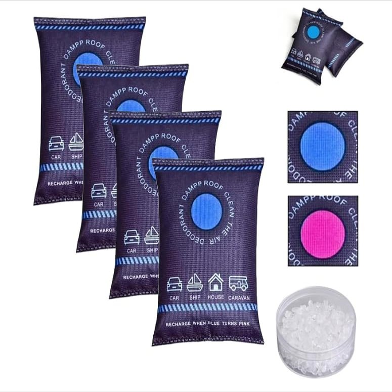 Car Dehumidifier Bags, 100g Reusable Car Moisture Absorber Bag, Leakproof Humidity Absorber for Windscreens & Interior, Dashboard Dehumidifier & Condensation Remover (4)