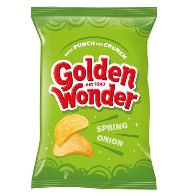 Golden Wonder Spring Onion Flavour Crisps, 32 x 32.5g Bulk Buy Snacks, Perfect for Parties, Snacks, Lunchboxes