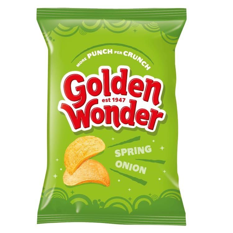 Golden Wonder Spring Onion Flavour Crisps, 32 x 32.5g Bulk Buy Snacks, Perfect for Parties, Snacks, Lunchboxes