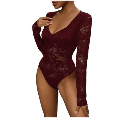 Sexy Lace Bodysuits for Women Sexy V-Neck Long Sleeve Mesh Backless Bodysuit Black Long Sleeve Deep V Lingerie Body Suit Going Out Tops Date Night Clubbing Outfits (Red, L)