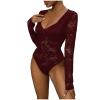 Sexy Lace Bodysuits for Women Sexy V-Neck Long Sleeve Mesh Backless Bodysuit Black Long Sleeve Deep V Lingerie Body Suit Going Out Tops Date Night Clubbing Outfits (Red, L) view 1