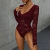 Sexy Lace Bodysuits for Women Sexy V-Neck Long Sleeve Mesh Backless Bodysuit Black Long Sleeve Deep V Lingerie Body Suit Going Out Tops Date Night Clubbing Outfits (Red, L) view 3