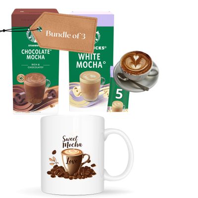 2 Pack White and Chocolate Mocha Coffee Bundle 2 x 5 Sachets and a Ceramic Mocha Design Cup Gift Set for Coffee Lovers, Perfect for Home, Office, Christmas, Birthday & Thank You Gifts