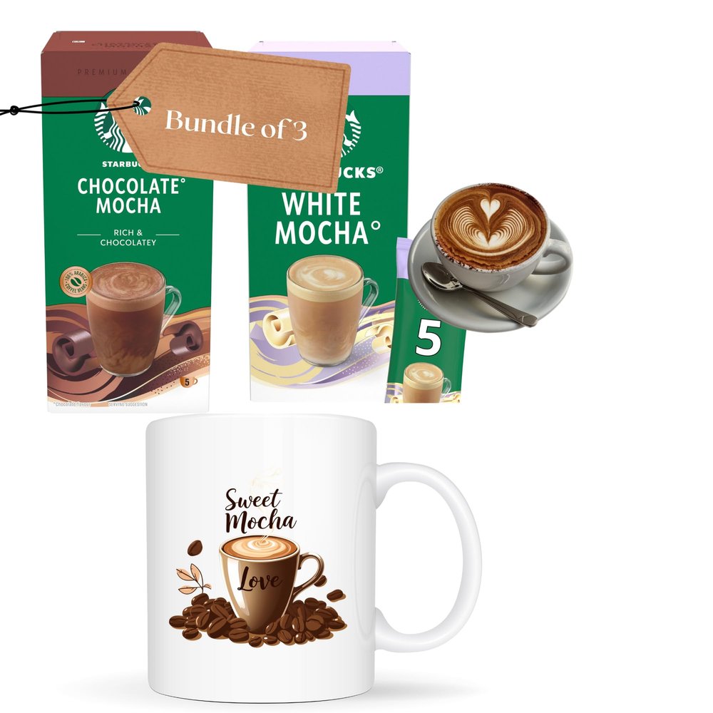 2 Pack White and Chocolate Mocha Coffee Bundle 2 x 5 Sachets and a Ceramic Mocha Design Cup Gift Set for Coffee Lovers, Perfect for Home, Office, Christmas, Birthday & Thank You Gifts
