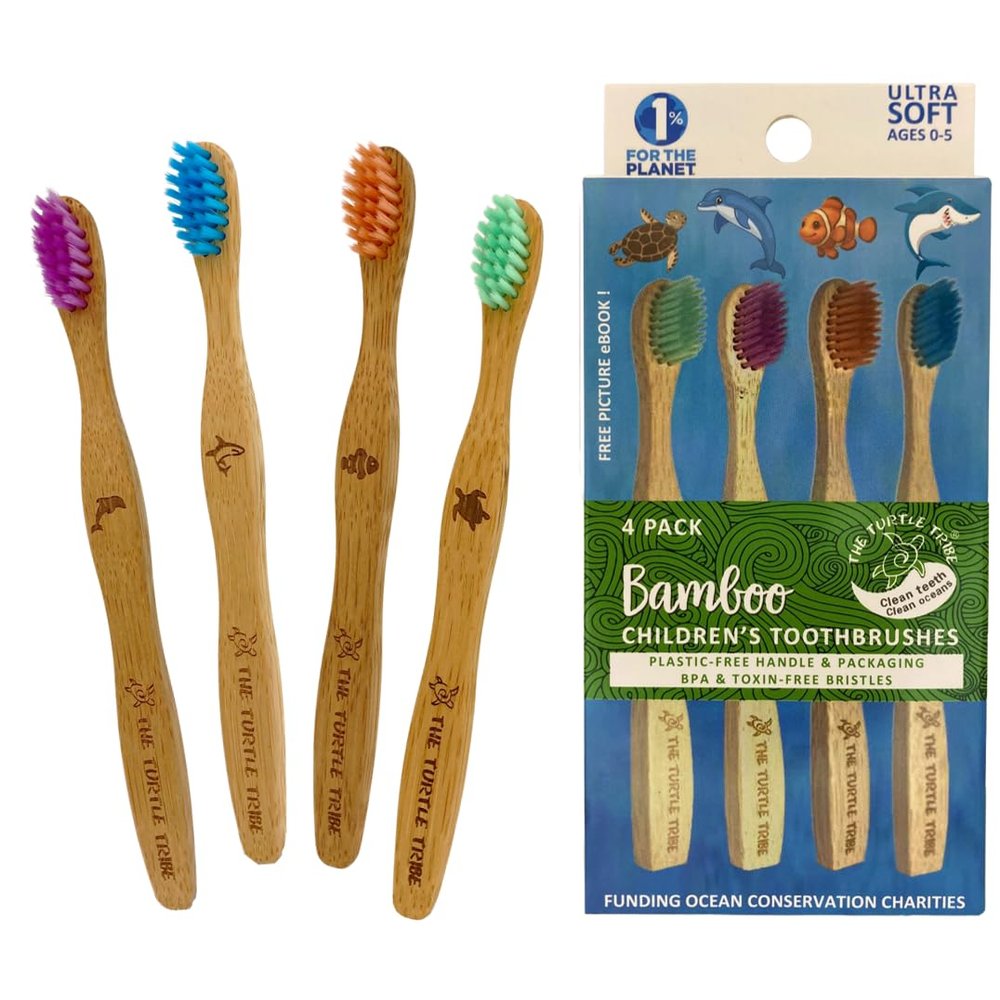 The Turtle Tribe Bamboo Eco Toothbrush, Kids 4 Pack, Ultra Soft Bristles, Every Purchase Funds Ocean Conservation Charities, Natural and Biodegradable Handle