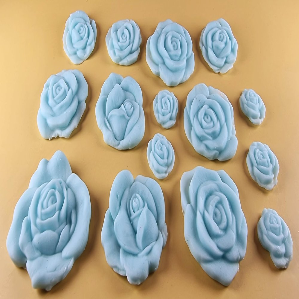 15 x Edible 3D Mixed Roses flowers Set, icing toppers, cake cupcakes decorations T077 (Baby Blue)