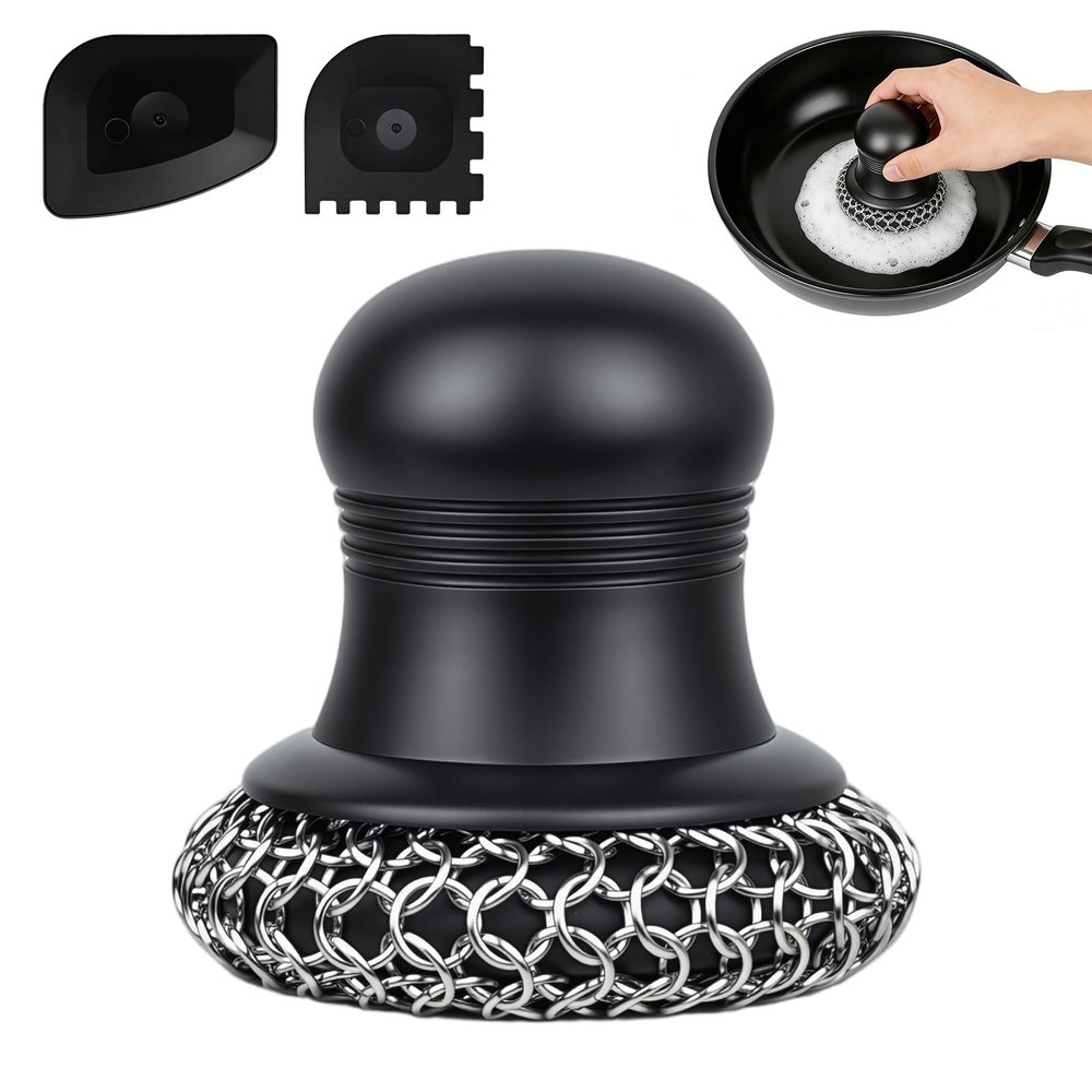 AGNG IGFE 316 Upgraded Cast Iron Scrubber with Pan Scraper,Cast Iron Cleaner for Grill Pan Skillet Wok Carbon Steel,Ergonomic to Hold Easy to Use Dishwasher Safe ((Large Chain Mail))