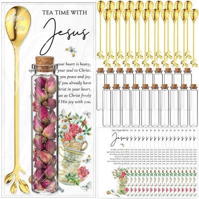 Skybooly 24 Pcs Christian Tea Party Favors Jesus Teaspoons Glass Jar with Prayer Cards 6.5" Coffee Spoons Souvenirs for Tea Party Church Christmas Easter Family Reunion Gifts (Gold)
